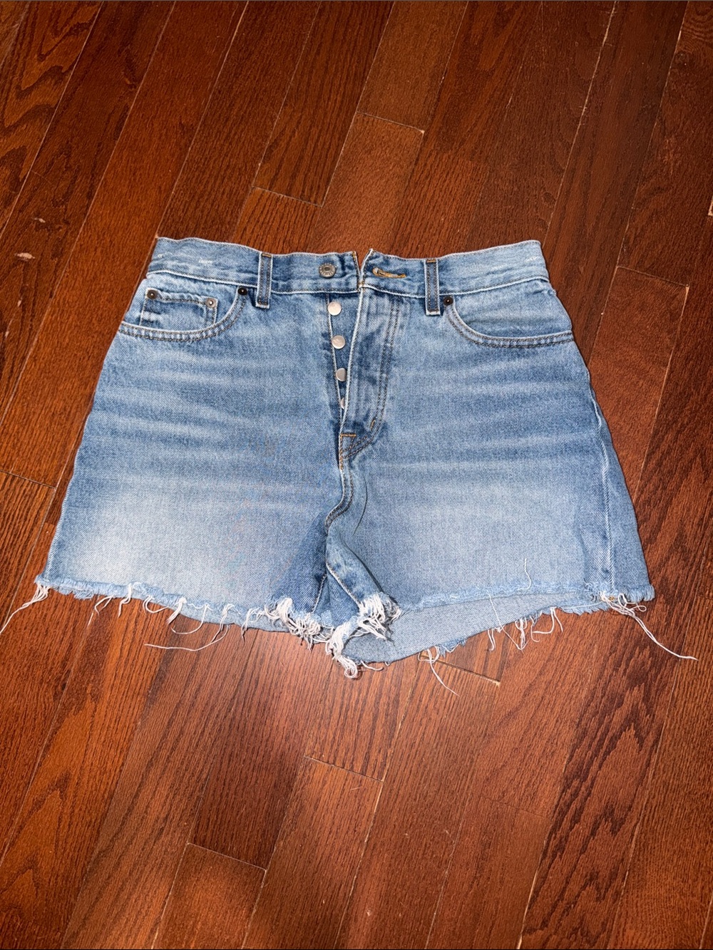 BDG Light Blue High-Rise Button-Fly Denim Cutoff Shorts